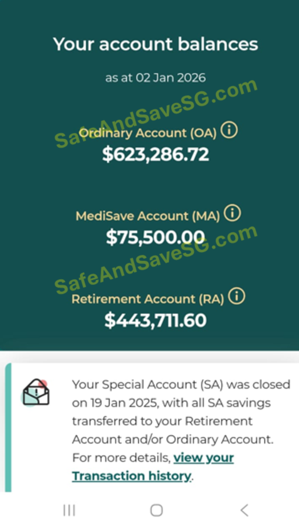 Summary of Peter's 2026 CPF balances showing OA, RA (ERS), and MA. And total is above 1.1 million